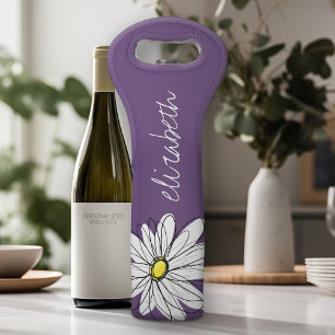 Purple and Yellow Whimsical Daisy Custom Text Wine Bag