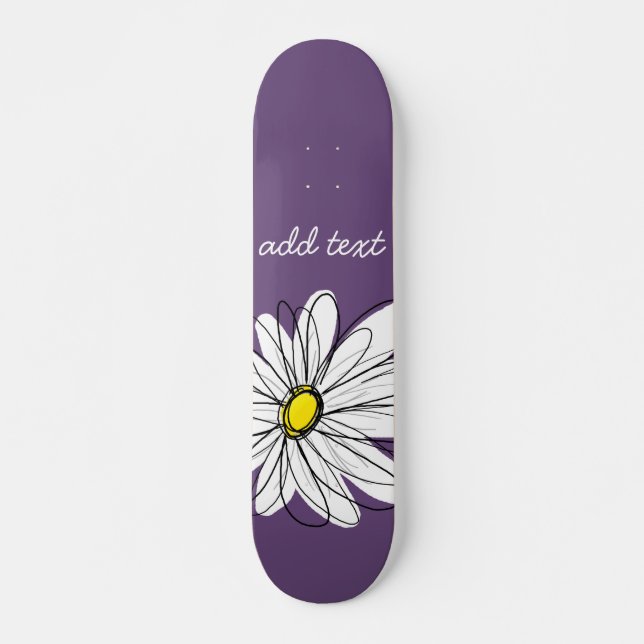 Purple and Yellow Whimsical Daisy Script Text Skateboard Deck (Front)