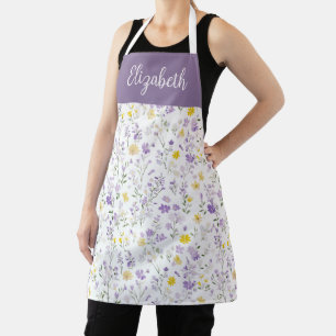 Purple and Yellow Wildflower Pattern Custom Name Apron