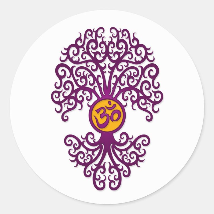 Purple and Yellow Yoga Om Tree on White Stickers