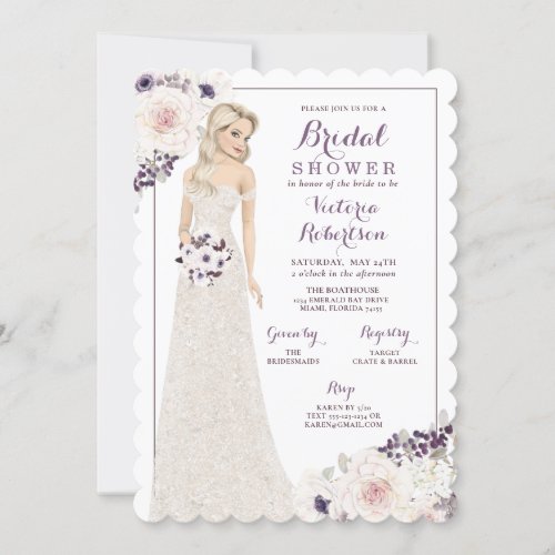 Purple Anemone Bride in Gown Bridal Shower Invitation