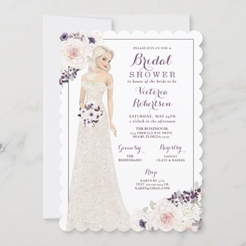 Purple Anemone Bride in Gown Bridal Shower Invitation