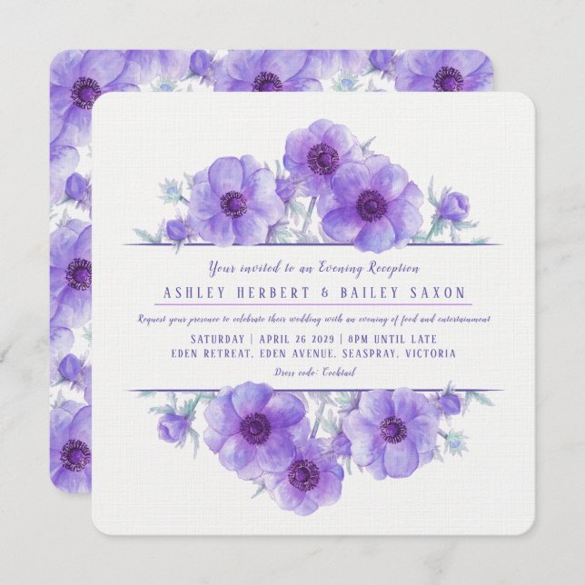 Purple anemone evening reception wedding invites (Front/Back)