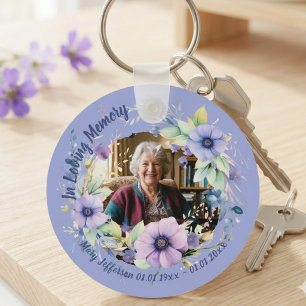 Purple Anemone Floral Memorial Photo Keepsake Keychain