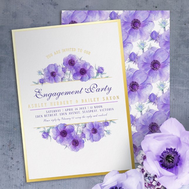 Purple anemone floral watercolor engagement  foil invitation (Creator Uploaded)