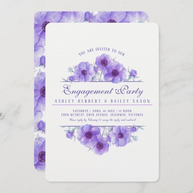 Purple anemone floral watercolor engagement invitation (Front/Back)
