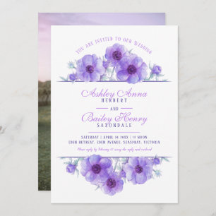 Purple anemone floral watercolor wedding photo invitation