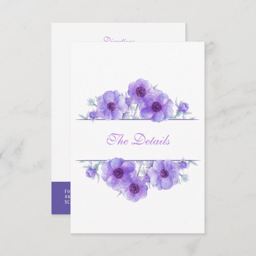 Purple anemone floral wedding details QR code Enclosure Card