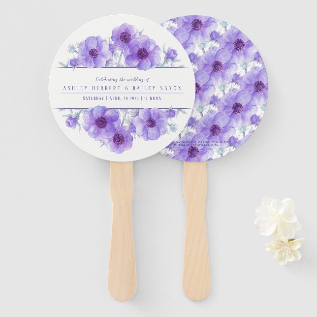 Purple anemone flower watercolor wedding fan (Front and Back)
