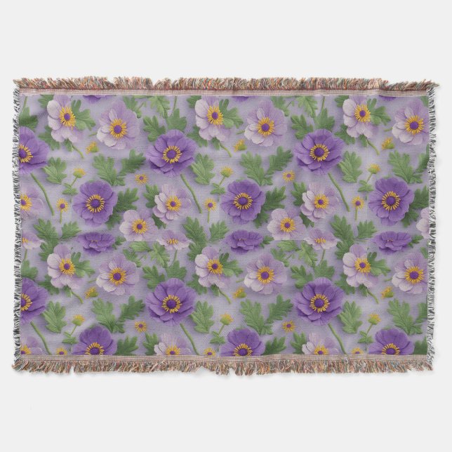 Purple Anemone Flowers Pattern Throw Blanket (Front)