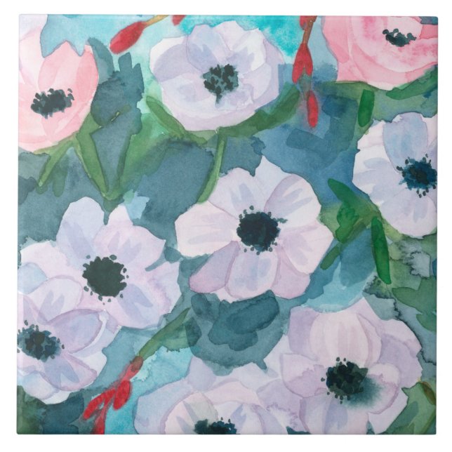 Purple Anemone Flowers Watercolor Ceramic Tile (Front)