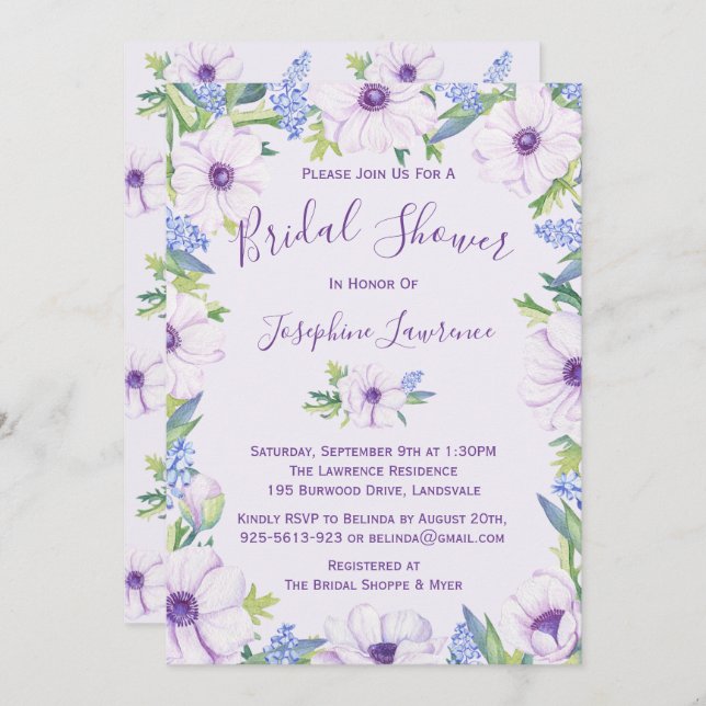 Purple Anemone Hyacinth Spring Bridal Shower Invitation (Front/Back)