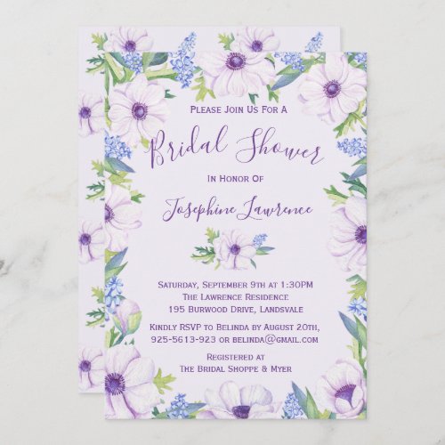 Purple Anemone Hyacinth Spring Bridal Shower Invitation