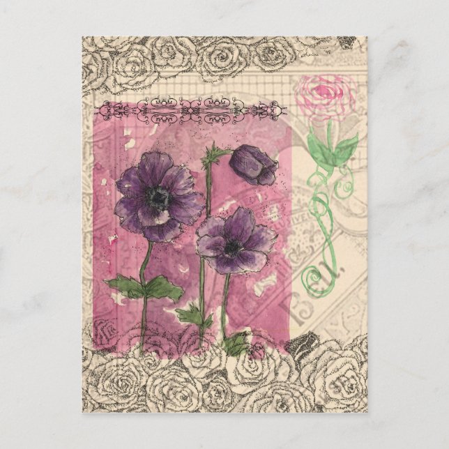 Purple Anemone Roses Watercolor Collage Art Postcard (Front)