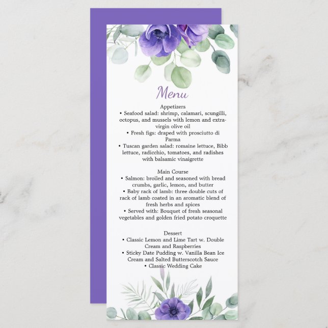 Purple Anemones and Greenery Wedding Menu (Front/Back)