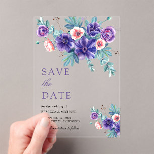 Purple Anemones Bouquet Wedding Save the Date Acrylic Invitations