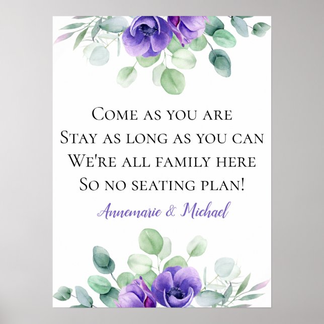 Purple Anemones No Seating Plan Wedding Sign (Front)