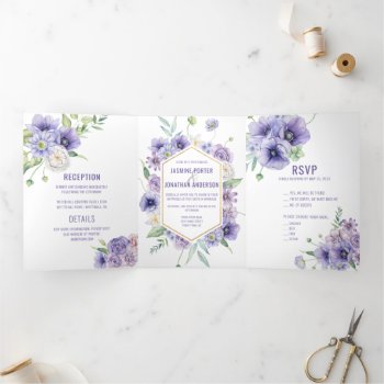 Purple Anemones Roses Daisies Hydrangeas Wedding Tri-fold Invitation by dmboyce at Zazzle