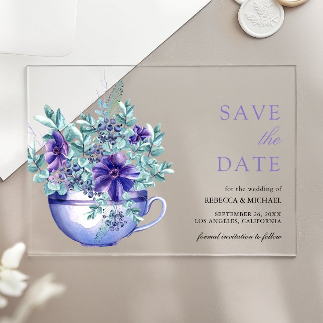 Purple Anemones Tea Cup Wedding Save the Date (Creator Uploaded)