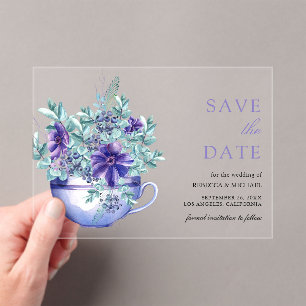 Purple Anemones Tea Cup Wedding Save the Date Acrylic Invitations