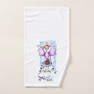 Purple Angel on White Cloud with Basket of Hearts Hand Towel