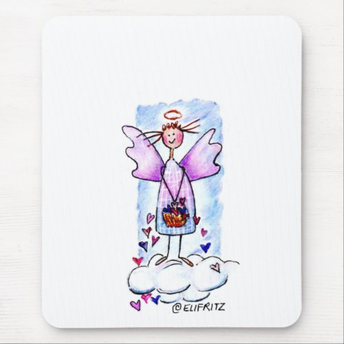 Purple Angel on White Cloud with Basket of Hearts  Mouse Pad