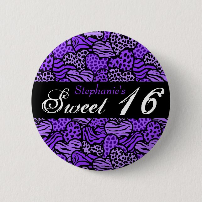 Purple animal pattern hearts Sweet 16 Button (Front)