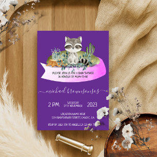 Purple Animal Raccoon Tropical Baby Shower Invitation