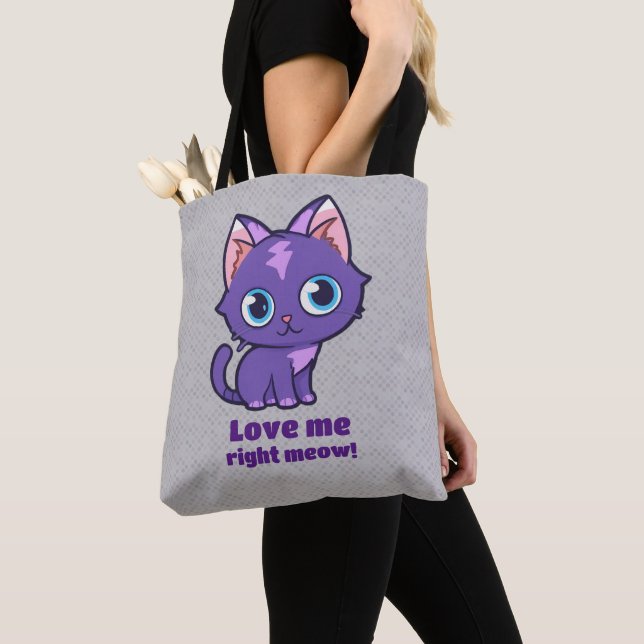 Purple Anime Cat Vector Art Gray Tote Bag (Close Up)