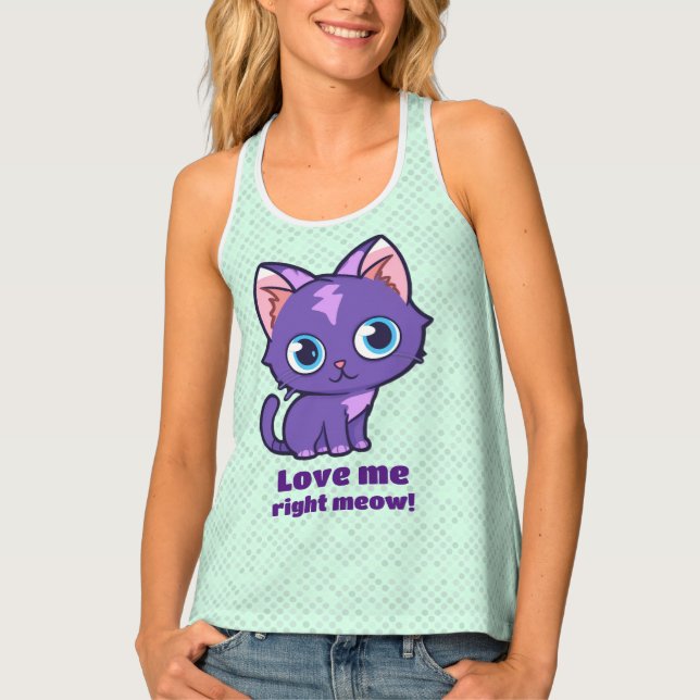 Purple Anime Cat Vector Art Mint Green Tank Top (Front)