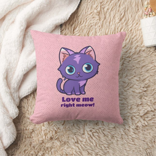 Purple Anime Cat Vector Art Pink Throw Pillow (Blanket)
