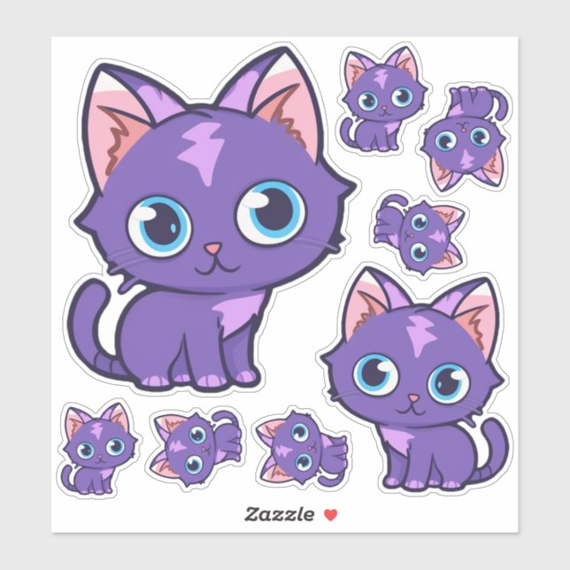 Purple Anime Cat Vector Art Sticker (Sheet)