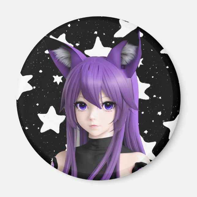Purple Anime Girl with Fox Ear Headband Birthday  Magnet (Front)