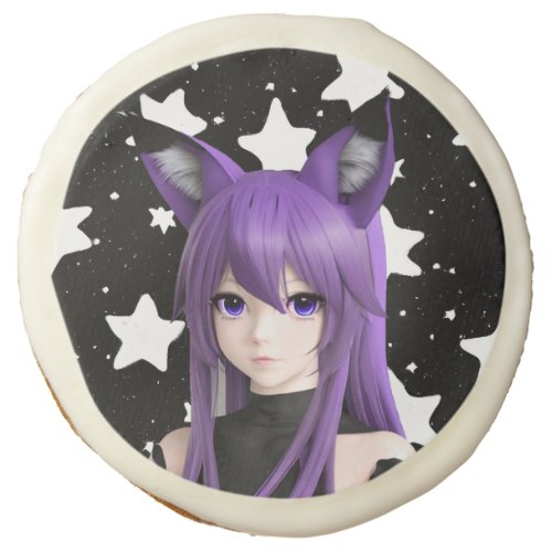 Purple Anime Girl with Fox Ear Headband Birthday  Sugar Cookie