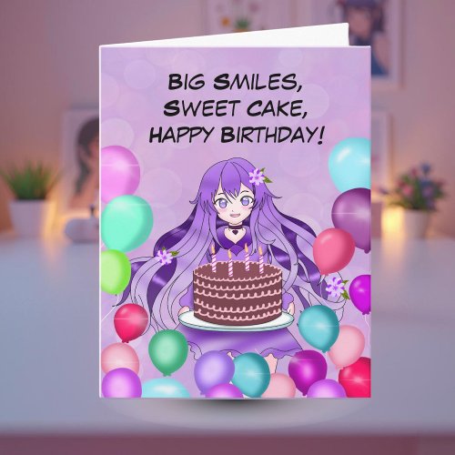 Purple Anime Teenager Holding Birthday Cake