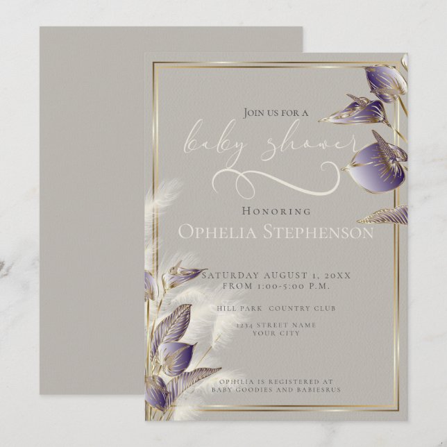 Purple Anthurium Floral Pampas Grass Invitation (Front/Back)