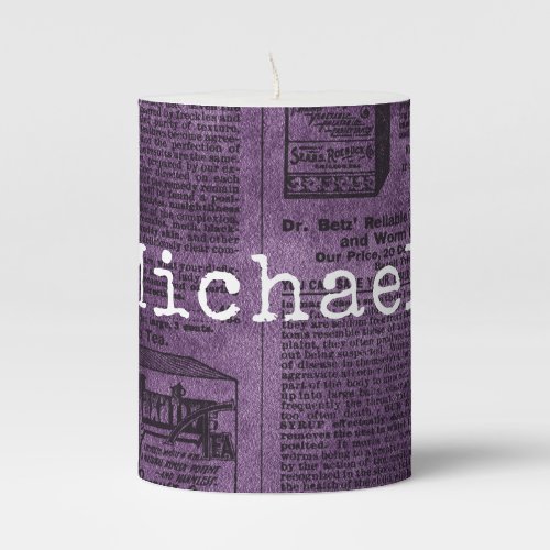 Purple Antique Newspaper Print Pillar Candle