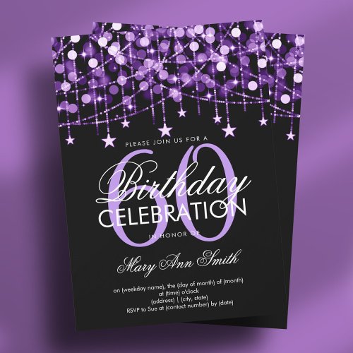 Purple Any Age Birthday String Lights  Stars Invitation