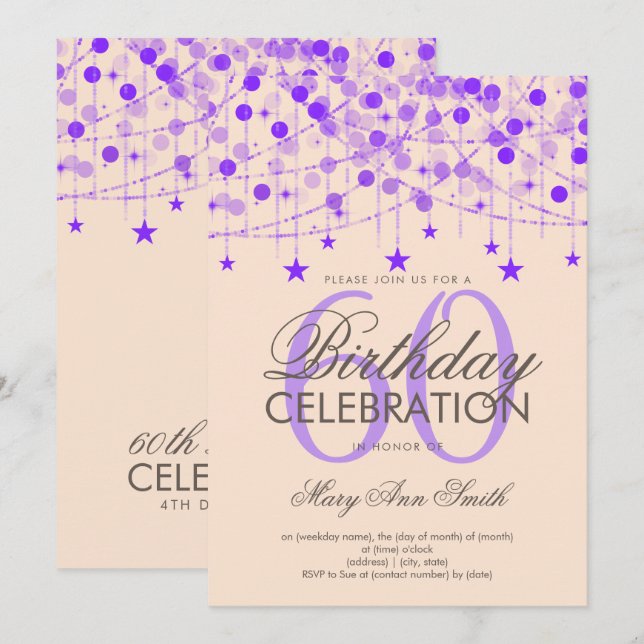 Purple Any Age Birthday String Lights & Stars Invitation (Front/Back)