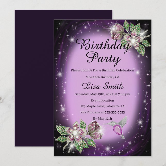 Purple Any Age Bling Floral Bird Birthday Invitation (Front/Back)