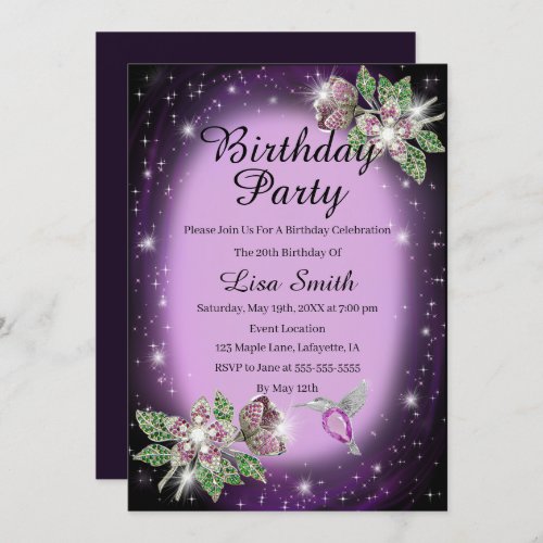 Purple Any Age Bling Floral Bird Birthday Invitation