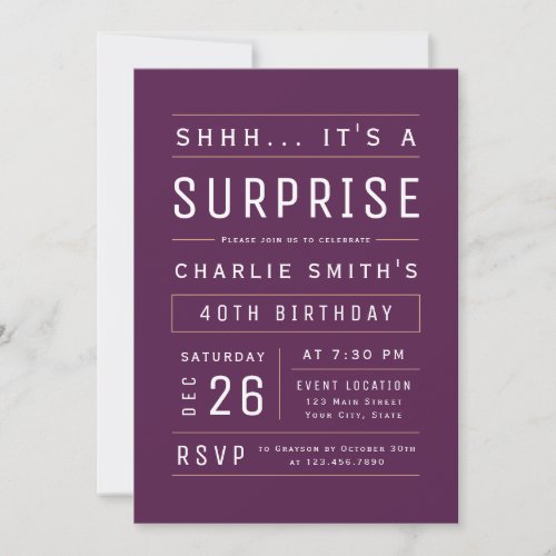 Purple Any Age Modern Typography Surprise Birthday Invitation
