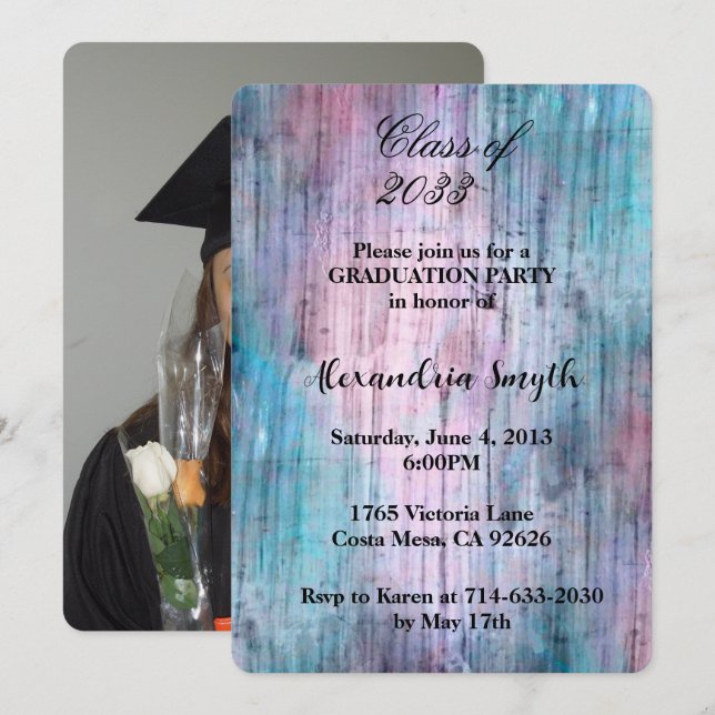 Purple Aqua Abstract Graduation Your Photo Invitation (Front/Back)
