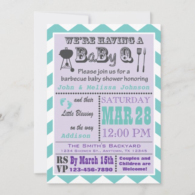 Purple & Aqua Barbecue BaByQ Baby Shower Invites 2 (Front)
