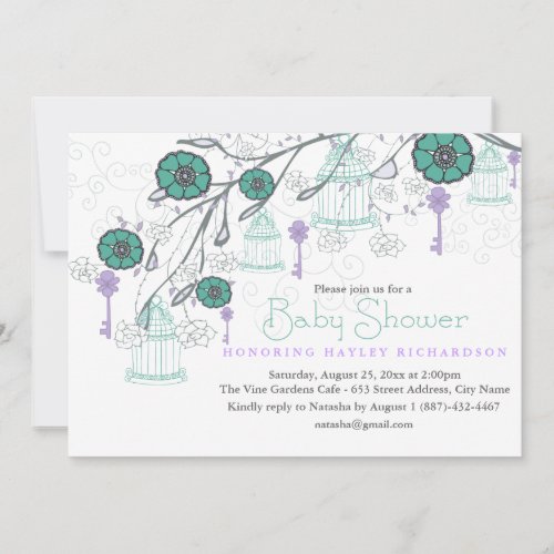 Purple &amp; Aqua Birdcage Baby Shower Invitation