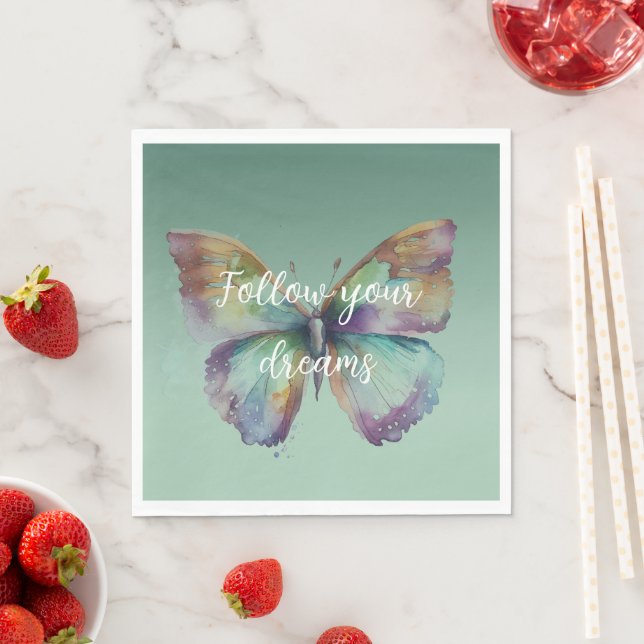Purple Aqua Blue Gold Mint Butterflies Napkins (Insitu)
