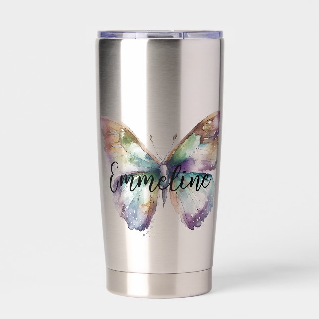 Purple Aqua Blue Gold Mint Butterfly Insulated Tumbler (Front)