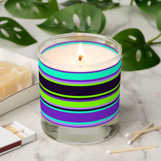 Purple, Aqua, & Chartreuse Striped Jar Candle (Lit)