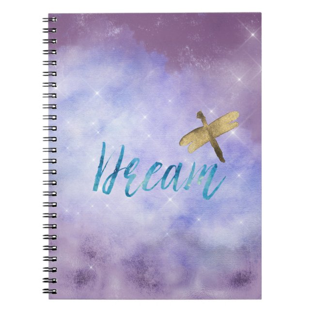 Purple Aqua Dream Gold Dragonfly Notebook (Front)