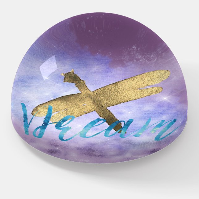 Purple Aqua Dream Gold Dragonfly Paperweight (Angled)
